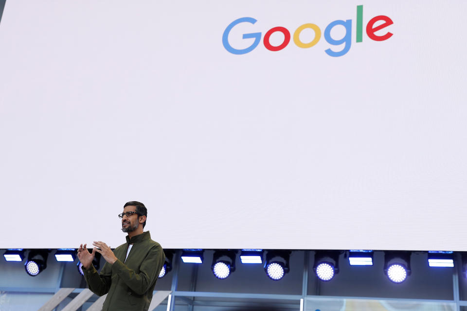 Google CEO Sundar Pichai speaks on stage during the annual Google I/O developers conference in Mountain View, California, May 8, 2018. REUTERS/ Stephen Lam