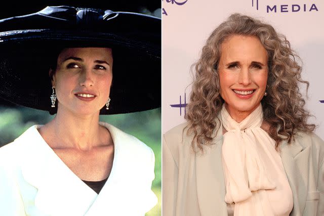 <p>Gramercy Pictures/Courtesy Everett Collection; Phillip Faraone/Getty Images</p> Andie MacDowell in 'Four Weddings and a Funeral' and now