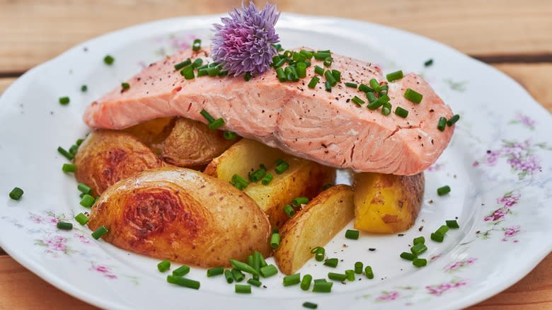 salmon with chive garnish