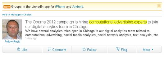Obama campaign's job posting on LinkedIn for computational advertising experts, September 2011