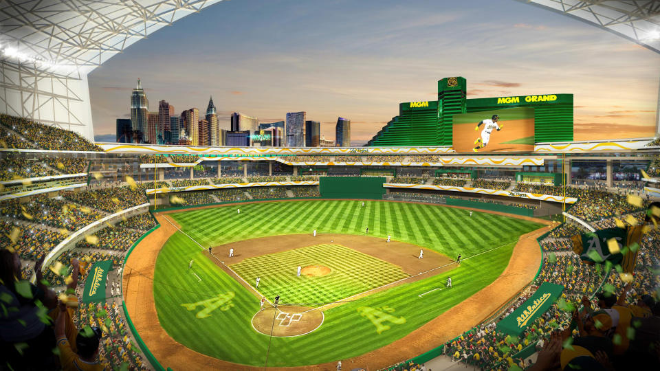 REMOVES LANGUAGE ABOUT BILL AND FINANCING - In this rendering released by the Oakland Athletics Friday, May 26, 2023 is a view of their proposed new ballpark at the Tropicana site in Las Vegas. (Oakland Athletics via AP)