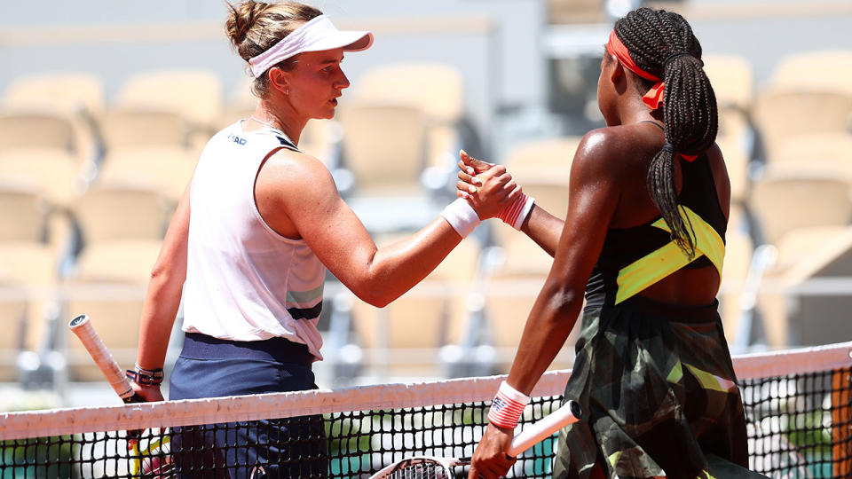 Barbora Krejcikova and Coco Gauff, pictured here after their French Open quarter-final.