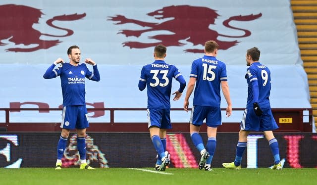 James Maddison celebrates scoring at Aston Villa