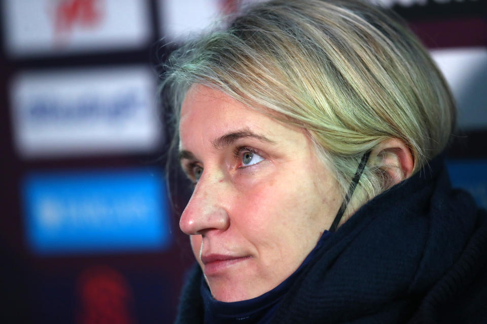 READING, ENGLAND - JANUARY 10: Emma Hayes manager of Chelsea is interviewed after the Barclays FA Women's Super League match between Reading Women and Chelsea Women at Madejski Stadium on January 10, 2021 in Reading, England. (Photo by Catherine Ivill/Getty Images)