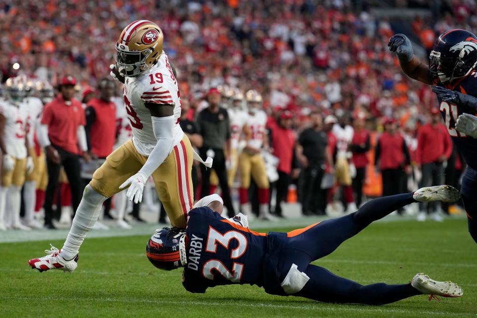 Though he spent some time in the medical tent, Niners wideout Deebo Samuel had five receptions and five rushing attempts in Week 3 vs. the Broncos for 79 total yards.