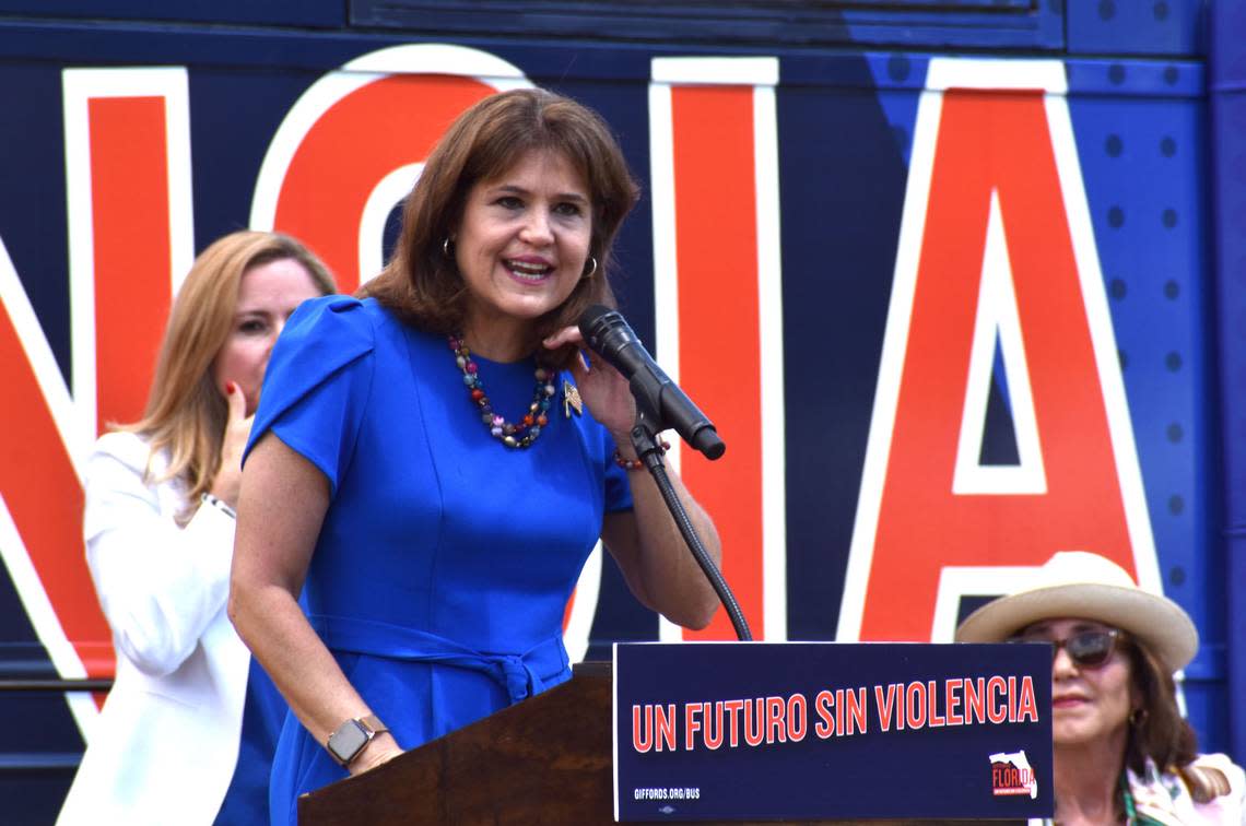 Annette Taddeo, the Democratic nominee now facing U.S. Rep. Maria Elvira Salazar, speaks at a Thursday, Sept. 8, 2022, press conference at Regatta Park.