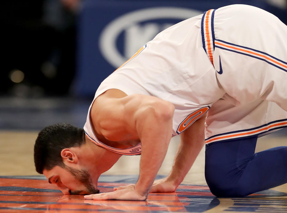 Enes Kanter was quite happy to see the floor at Madison Square Garden again. (Photo by Elsa/Getty Images)