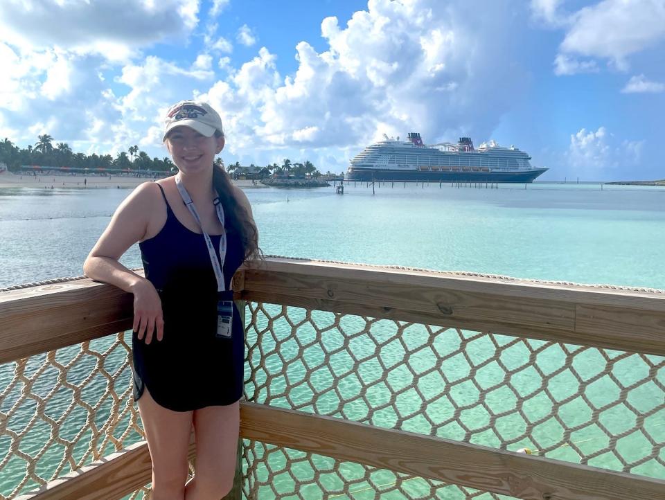 Reporter Amanda Krause in front of Disney's newest cruise, the Wish.