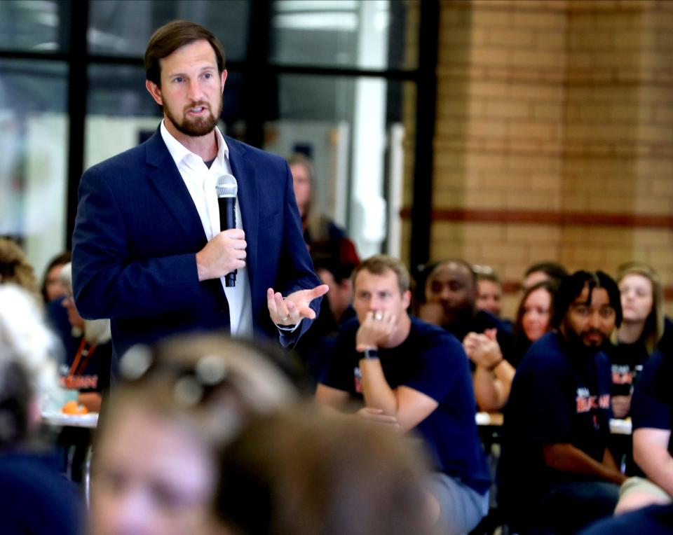 Rutherford County Schools' Director James "Jimmy" Sullivan speaks with Blackman Elementary, Middle School and High School teachers on Tuesday, Aug. 1, 2023.