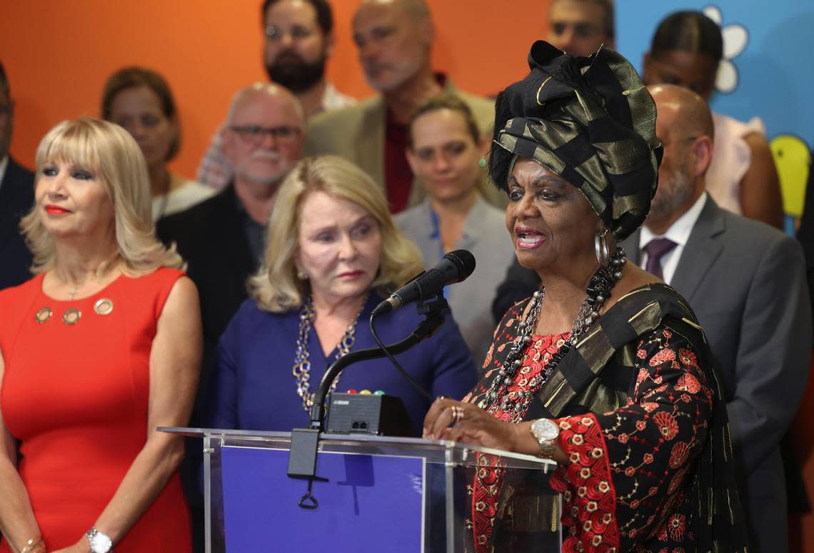 Miami-Dade School Board Member Dorothy Bendross-Mindingall speaks during a press conference announcing that the school district earned an A rating from the state on Thursday, July 7, 2022, at the Miami-Dade iPrep Academy in downtown Miami.