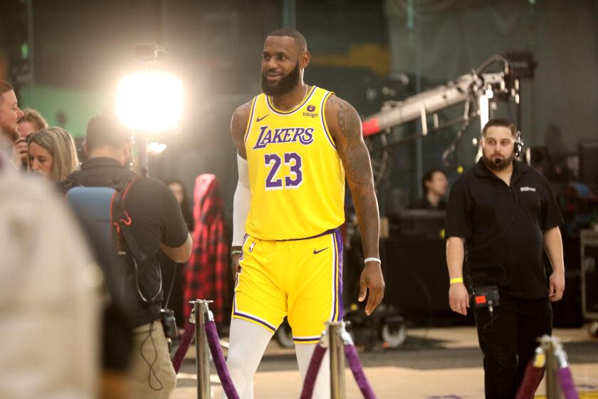 LOS ANGELES, CA - OCTOBER 2, 2023 - Los Angeles Lakers star LeBron James is ready for showtime during Los Angeles Lakers Media Day at the UCLA Health Training Center in El Segundo on October 2, 2023. (Genaro Molina / Los Angeles Times)