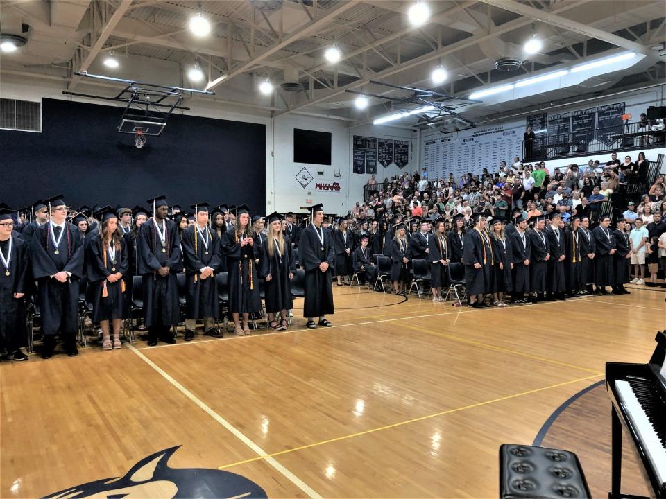 Graduating seniors from Sault Area High School turn their tassels at the commencement ceremony on May 28, 2023.