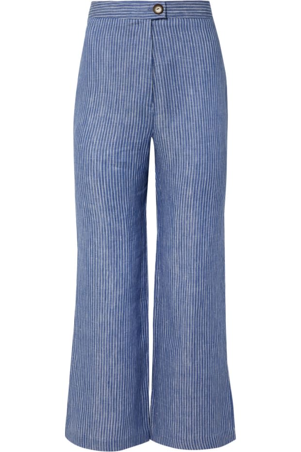 <p><strong>Mara Hoffman Arlene Striped Organic Linen-Twill Flared Pants, <a href="https://rstyle.me/+Q8UgByYjQePLdPoUc1pEYg" rel="nofollow noopener" target="_blank" data-ylk="slk:$195 (from $325);elm:context_link;itc:0;sec:content-canvas" class="link ">$195 (from $325)</a></strong>: While I'd never dare attempt to pull off all-white pants, I can get on board with subtle white pinstripes. I love the loose, airy flare cut — it's perfect for work, brunch and everything in between. </p>