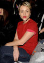 <b>London Fashion Week AW13 FROW</b><br><br>Jaime Winstone opted for a bright-red tee with contrasting sleeves for her seat at the Zoe Jordan show.<br><br>©Rex