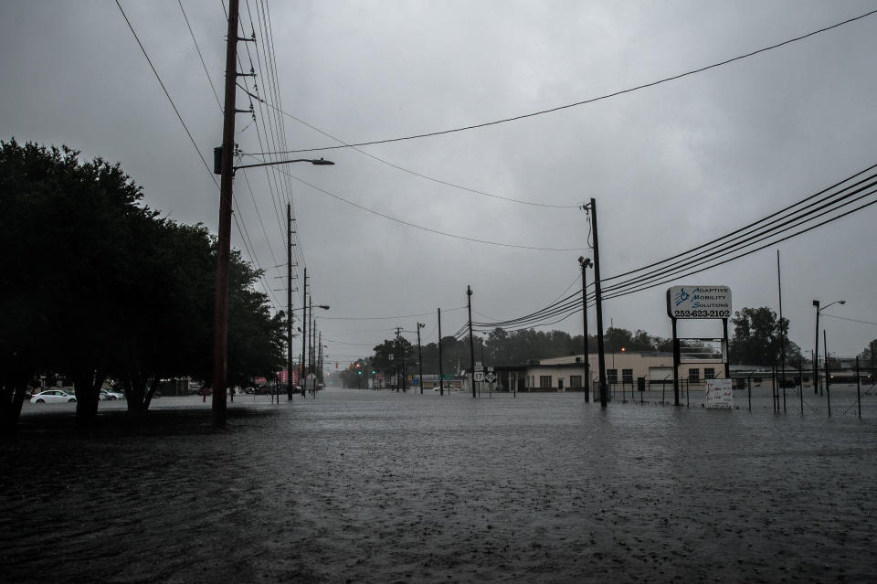 A view looking east down Fifth Street at the flooded downtown area in Washington, North Carolina on Friday.