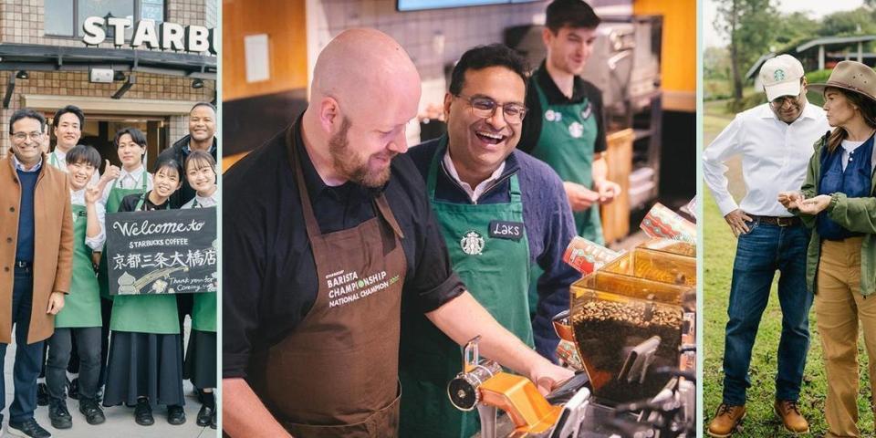 New Starbucks CEO Laxman Narasimhan, wearing a green Starbucks apron, shares a laugh with a Starbucks barista behind the counter of a store.