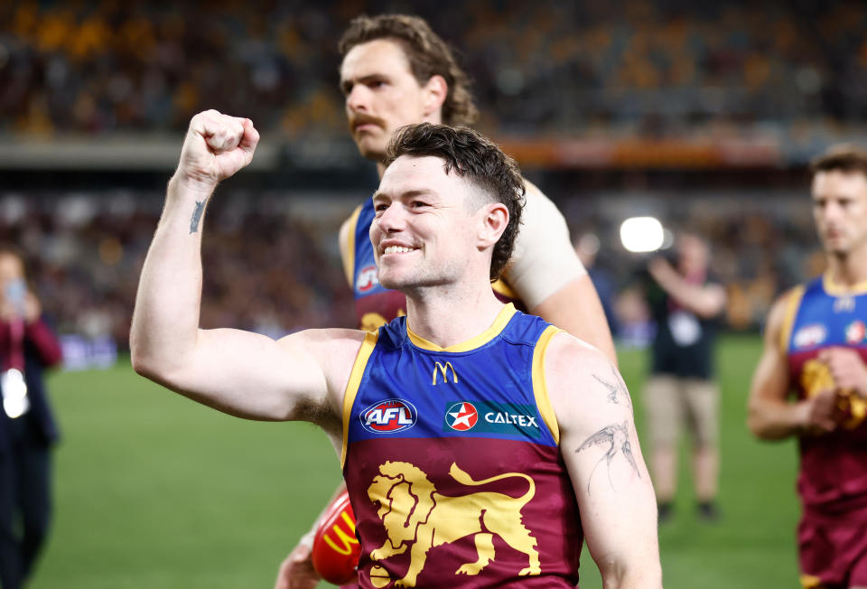 Lachie Neale celebrates.