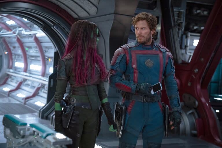 Zoe Saldana y Chris Pratt en una escena de la tercera entrega de Guardianes de la galaxia