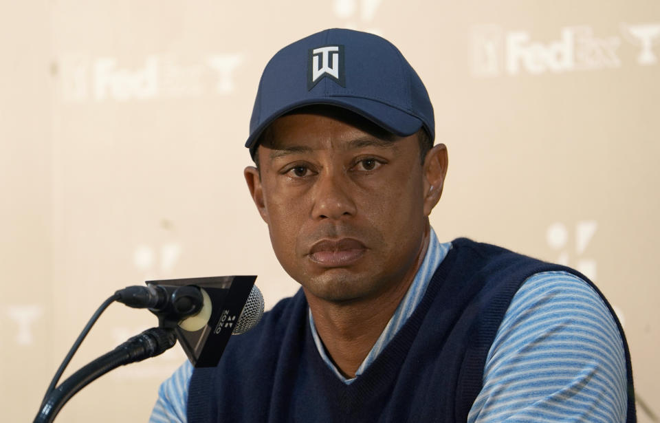 Tiger Woods of the United States listens to reporter's question during a news conference ahead of the Challenge: Japan Skins event at Accordia Golf Narashino C.C. in Inzai, Japan, Monday, Oct. 21, 2019. Tiger Woods will play at the Zozo Championship PGA Tour which will be held at Oct. 24-27. (AP Photo/Lee Jin-man)