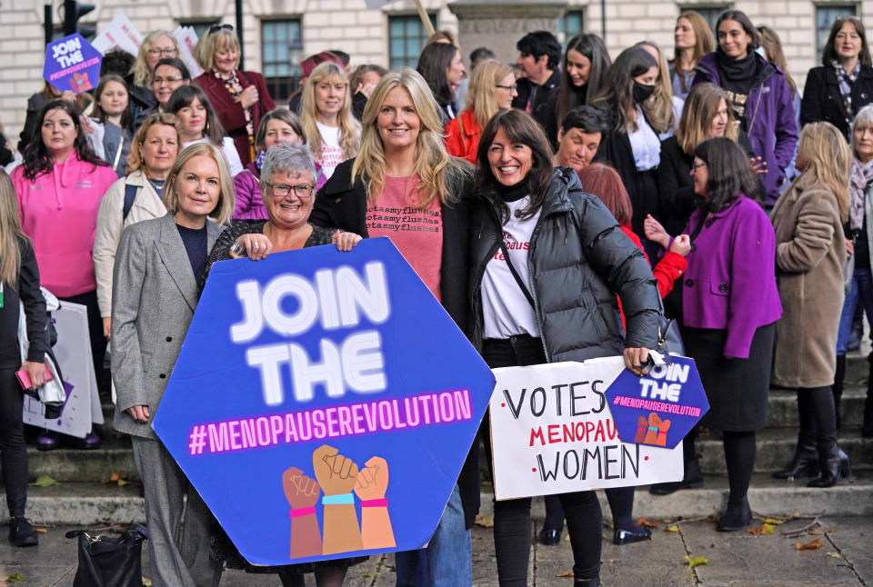 Mariella Frostrup, MP Carolyn Harris, Penny Lancaster and Davina McCall with protesters outside the Houses of Parliament in London demonstrating against ongoing prescription charges for HRT
