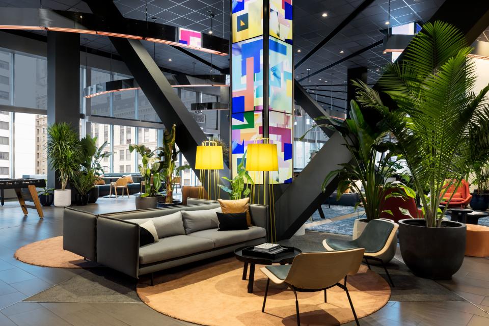 M Social Hotel Times Square New York's industrial lobby mimics the high energy of its surrounding neighborhood.