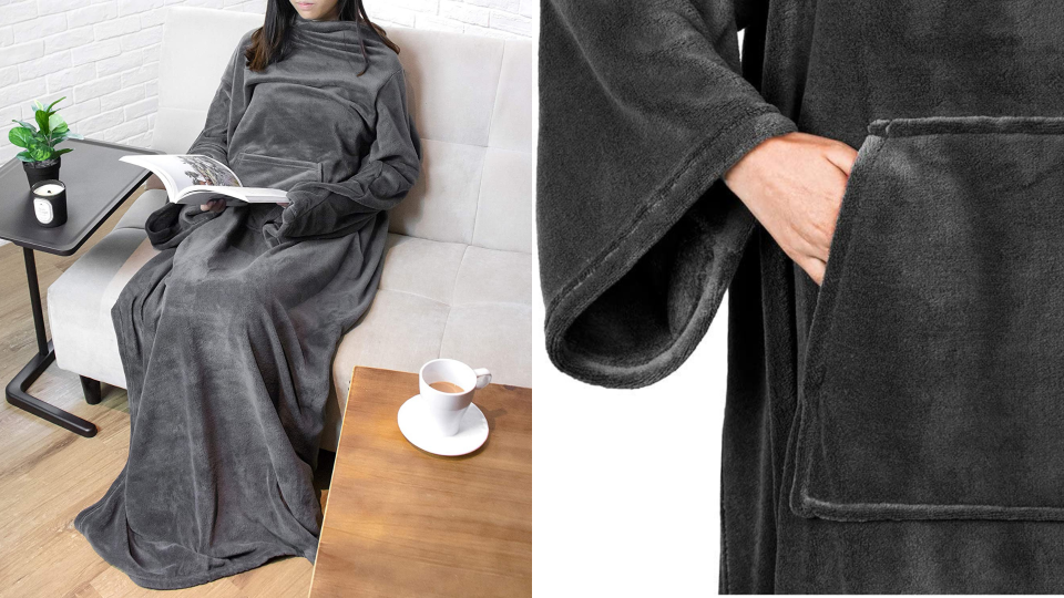 This wearable blanket comes with a spacious front pocket for extra storage–or just to keep your hands warm.