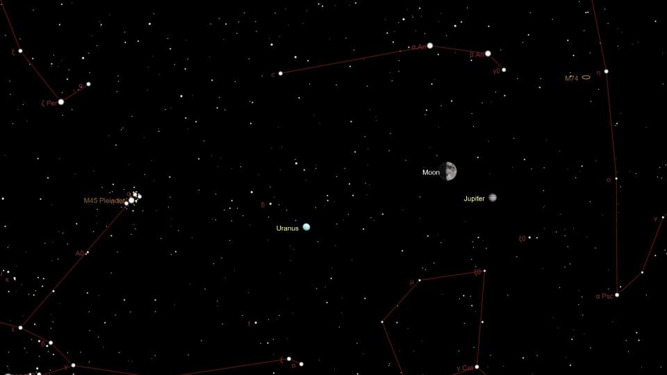 an illustration of the night sky showing the moon and jupiter among the stars