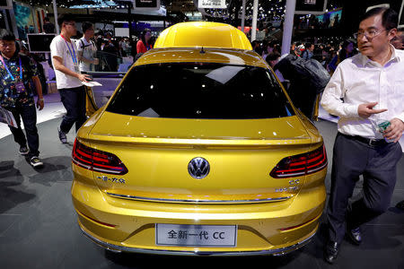 FILE PHOTO: The new Volkswagen CC is displayed during a media preview of the Auto China 2018 motor show in Beijing, China April 25, 2018. REUTERS/Damir Sagolj/File Photo