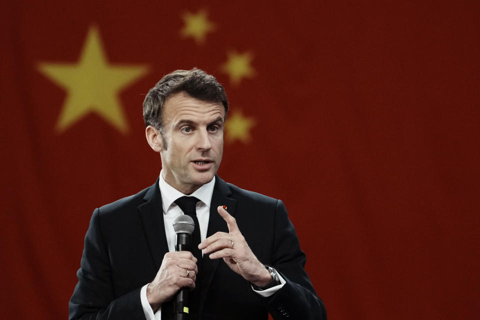 FILE- France's President Emmanuel Macron delivers a speech at the Sun Yat-sen university in Guangzhou, China, Friday, April 7, 2023. (AP Photo/Thibault Camus, File)