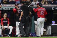 Cleveland Guardians manager Terry Francona, left, points at home plate umpire Ron Kulpa after being ejected during the seventh inning of a baseball game against the Los Angeles Angels, Monday, Sept. 12, 2022, in Cleveland. The Guardians won 5-4.(AP Photo/David Dermer)