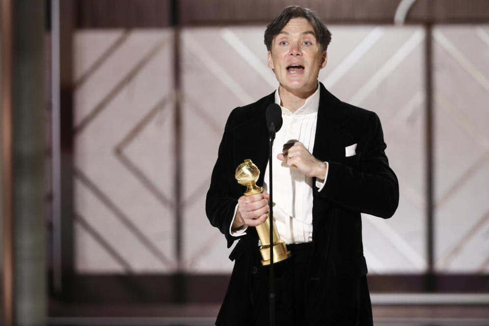 This image released by CBS shows Cillian Murphy accepting the award for best actor in a motion picture for his role in "Oppenheimer" during the 81st Annual Golden Globe Awards in Beverly Hills, Calif., on Sunday, Jan. 7, 2024. (Sonja Flemming/CBS via AP)