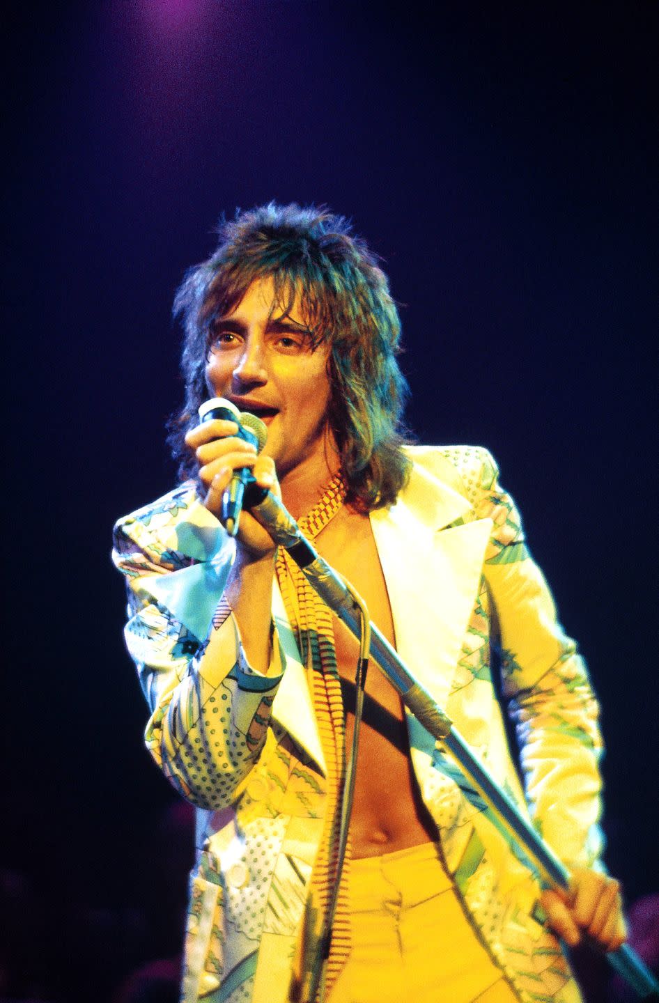 rod stewart sings into a microphone on a stand that he holds with both hands