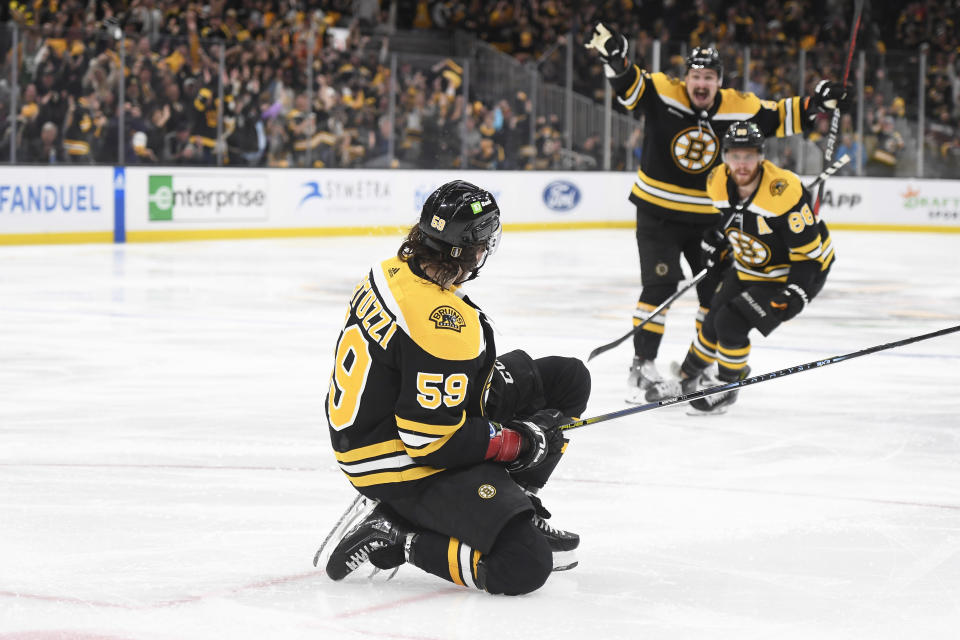 <a class="link " href="https://sports.yahoo.com/nhl/teams/boston/" data-i13n="sec:content-canvas;subsec:anchor_text;elm:context_link" data-ylk="slk:Bruins;sec:content-canvas;subsec:anchor_text;elm:context_link;itc:0">Bruins</a> left wing <a class="link " href="https://sports.yahoo.com/nhl/players/6038" data-i13n="sec:content-canvas;subsec:anchor_text;elm:context_link" data-ylk="slk:Tyler Bertuzzi;sec:content-canvas;subsec:anchor_text;elm:context_link;itc:0">Tyler Bertuzzi</a> (59) Credit: Bob DeChiara-USA TODAY Sports