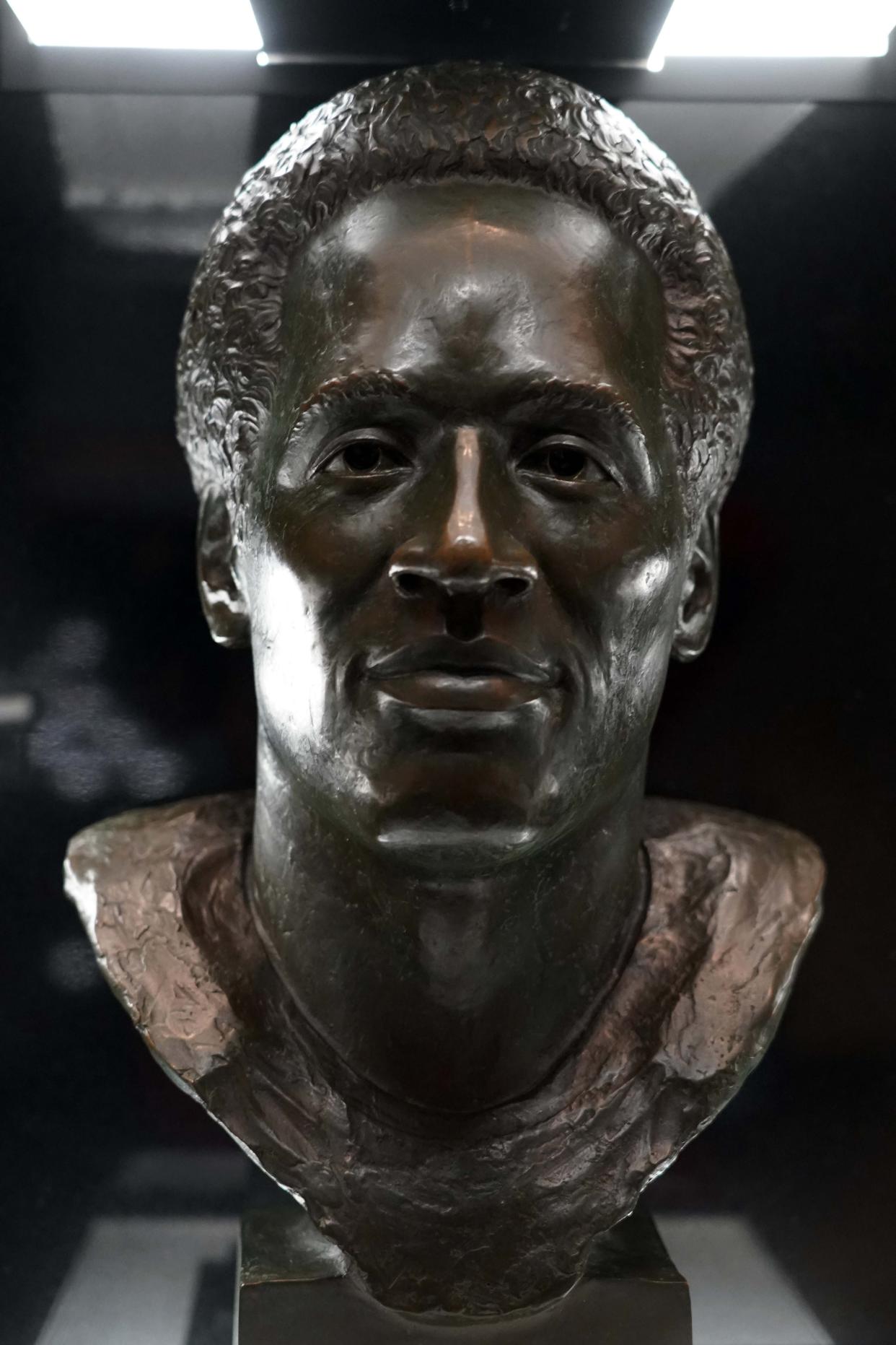 The bust of 1985 enshrinee O.J. Simpson on display at the Pro Football Hall of Fame, April 28, 2021.