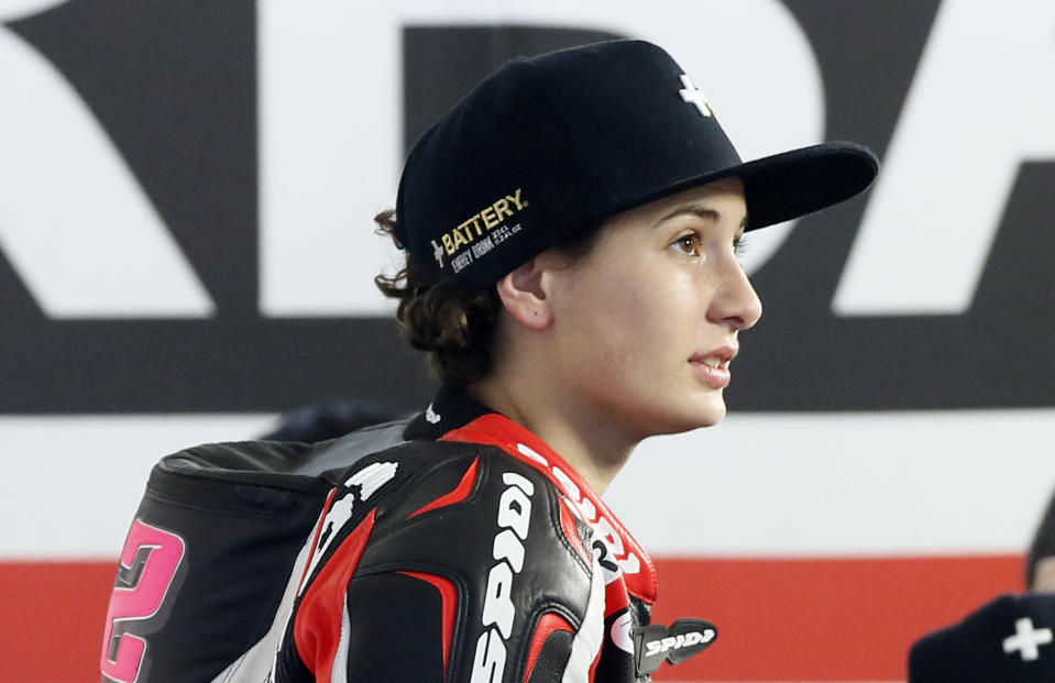 Ana Carrasco of Spain prepares to participate in an open practice for the Texas Moto3 race at the Circuit of the Americas Saturday, April 11, 2015, in Austin, Texas. (AP Photo/Tony Gutierrez)