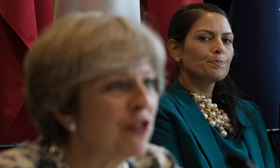 Priti Patel and the former prime minister Theresa May at a meeting on modern day slavery and human trafficking at the United Nations General Assembly in New York.