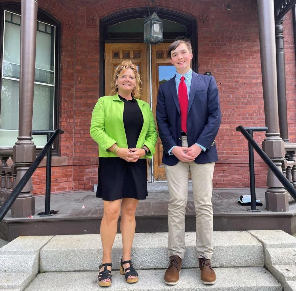 In Aug. 2023, Chris Alfano (right) met with Vermont Secretary of State Sarah Copeland (left) to discuss his new app Civicly and how to improve civics education in the Green Mountain State.