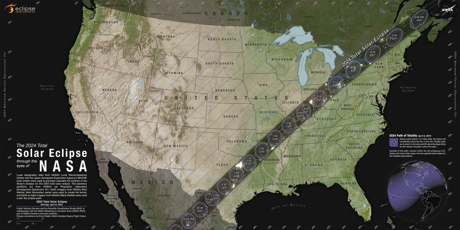 Map of the 2024’s Solar Eclipse path of totality. Courtesy: NASA’s Scientific Visualization Studio