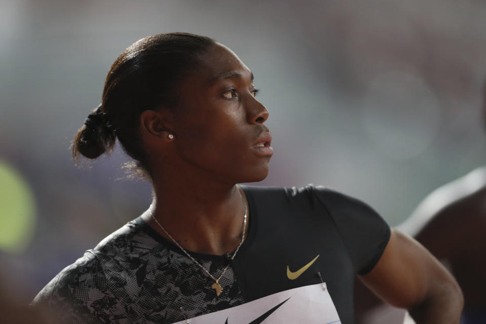 FILE - In a Friday, May 3, 2019 file photo, South Africa's Caster Semenya competes in the women's 800-meter final during the Diamond League in Doha, Qatar. On the 10th anniversary of Semenya blowing away the field in the 800 at the 2009 World Championships in Berlin, she won't comply with the International Association of Athletics Federations' latest version of a regulation to lower her level of natural testosterone.(AP Photo/Kamran Jebreili, File)