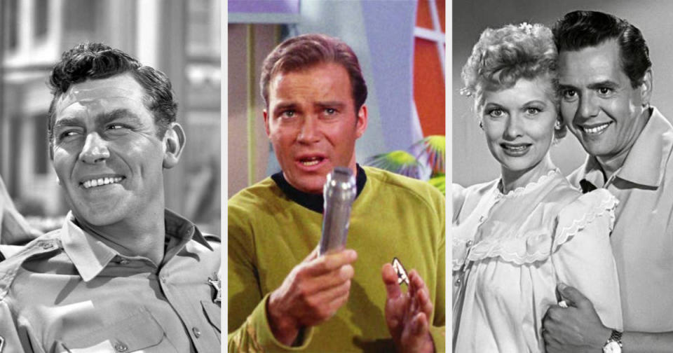 Andy Griffith smiles on set of "The Andy Griffith Show", William Shatner stars in "Star Trek," and Lucille Ball and Desi Arnaz pose for an "I Love Lucy" promotional photo