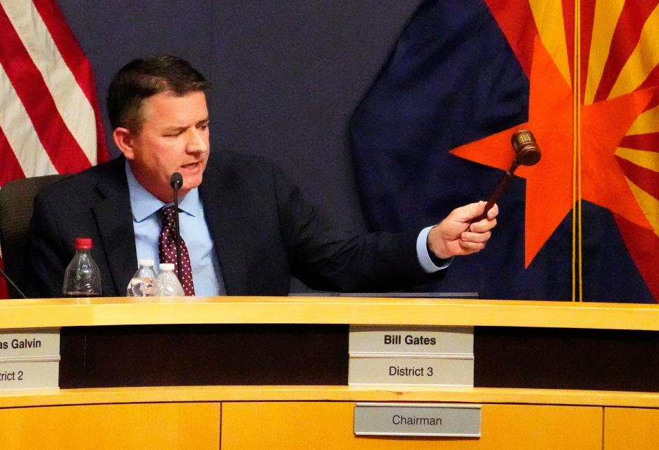 Maricopa County Board of Supervisors Chairman Bill Gates gavels the general election canvass special meeting to an end on Nov. 28, 2022, in Phoenix.