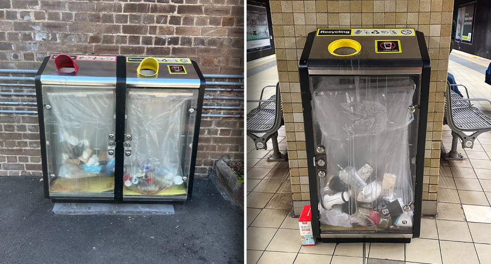 Left - recycling and garbage bins at Redfern station. Right - a stand alone recycling bin.