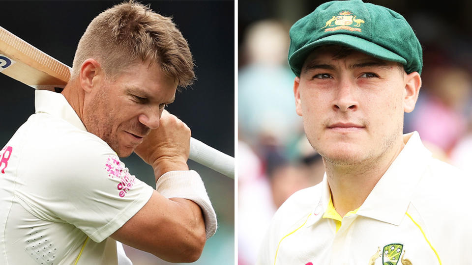 David Warner frustrated after his dismissal and Matt Renshaw watches on during a cricket match.