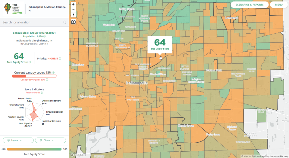 A screenshot of the Tree Equity Score Analyzer tool for Indianapolis shows users census tract data to help plan where to plant trees to help mitigate some of the effects of climate change.