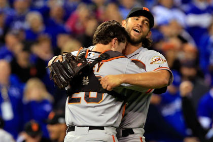 Madison Bumgarner and Buster Posey celebrate after the Giants won the World Series. (AFP)