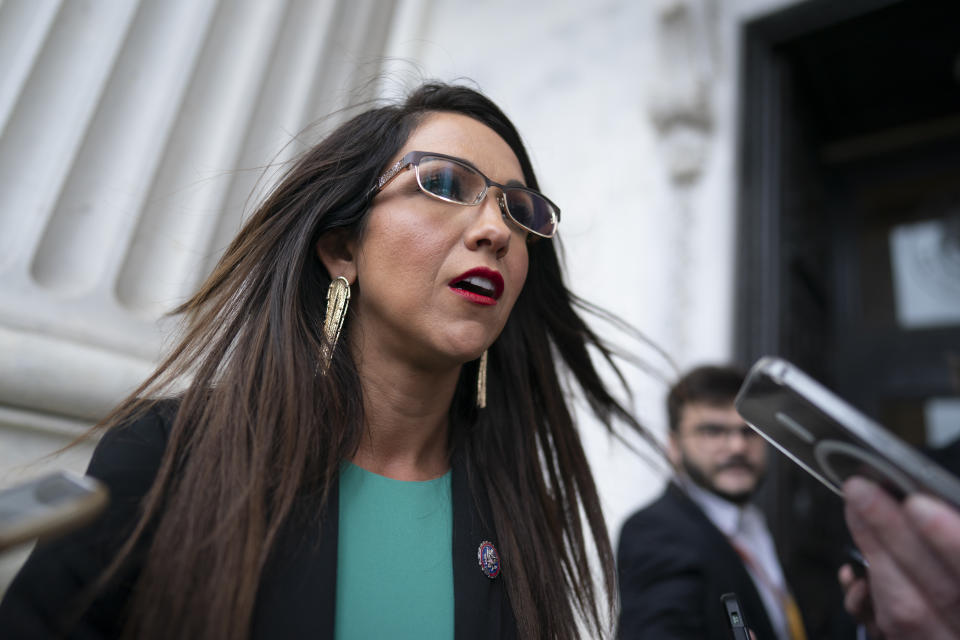 Rep. Lauren Boebert, R-Colo., a member of the conservative House Freedom Caucus, leaves the chamber after the Republican-controlled House voted along party lines to censure Rep. Adam Schiff, D-Calif., at the Capitol in Washington, June 21, 2023. A surprise effort by hard-right House Republicans to impeach President Joe Biden has been sidelined for now, but the ability of Boebert to force the issue to a House vote demonstrates the ever-escalating challenge Speaker Kevin McCarthy faces in controlling his his own Republican majority.(AP Photo/J. Scott Applewhite, File)