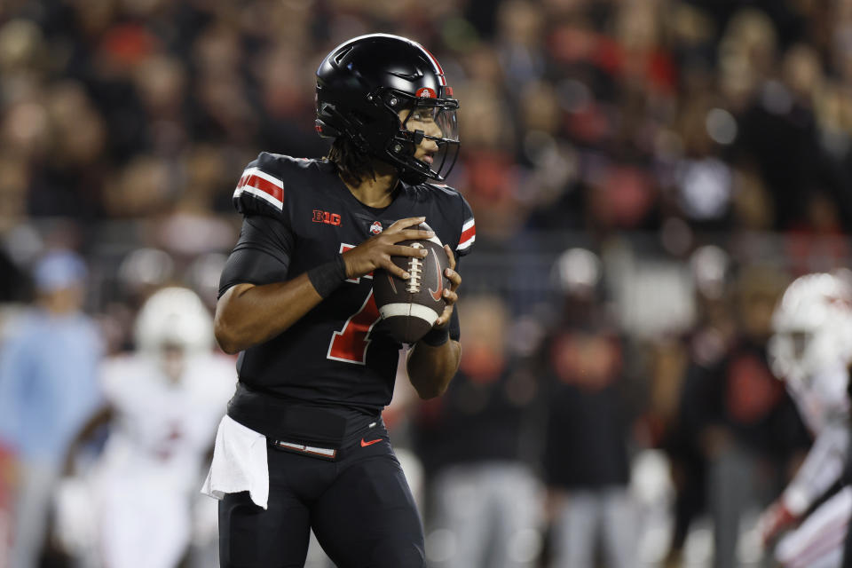 Ohio State quarterback C.J. Stroud drops back to pass against Wisconsin during the first half of an NCAA college football game Saturday, Sept. 24, 2022, in Columbus, Ohio. (AP Photo/Jay LaPrete)