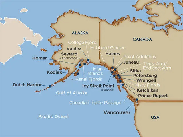 Map showing the towns along the coast of Alaska