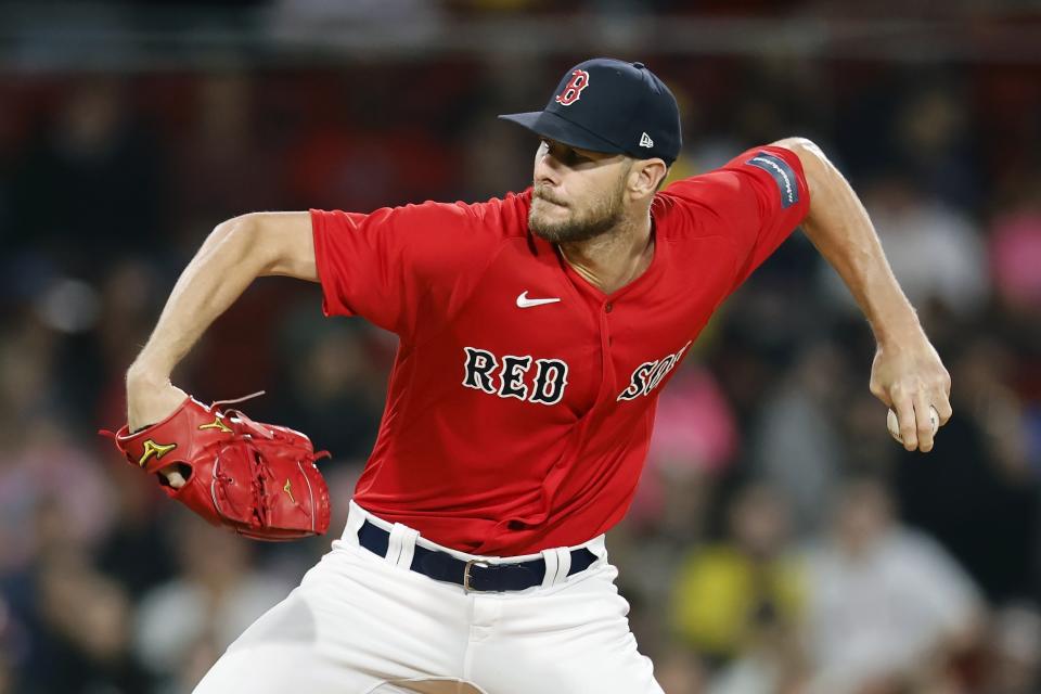 Boston Red Sox starting pitcher Chris Sale throws against the Chicago White Sox during the first inning of a baseball game, Friday, Sept. 22, 2023, in Boston. (AP Photo/Michael Dwyer)