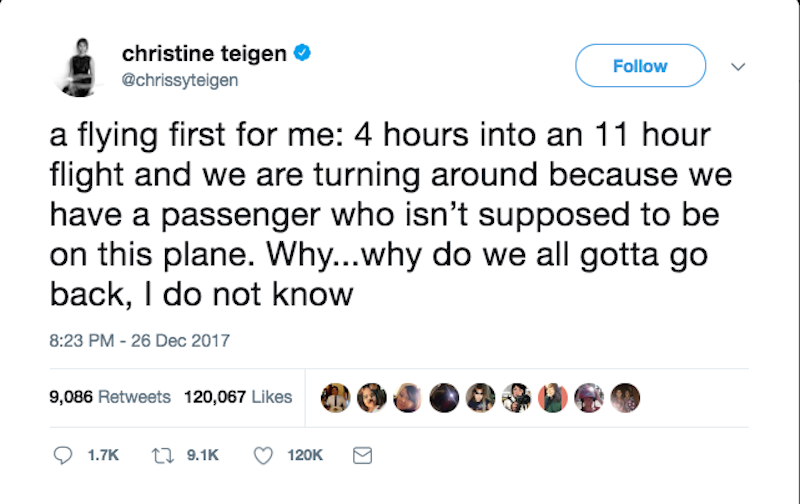 ANA Flight 175 Chrissy Teigen tweet